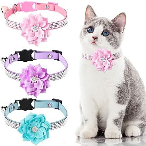 3 kom mačje ogrlice od rhinestona za djevojčice mačke, sjajni mačić i cvijet, podesiva ogrlica za kidanje sa zvonom, mekana