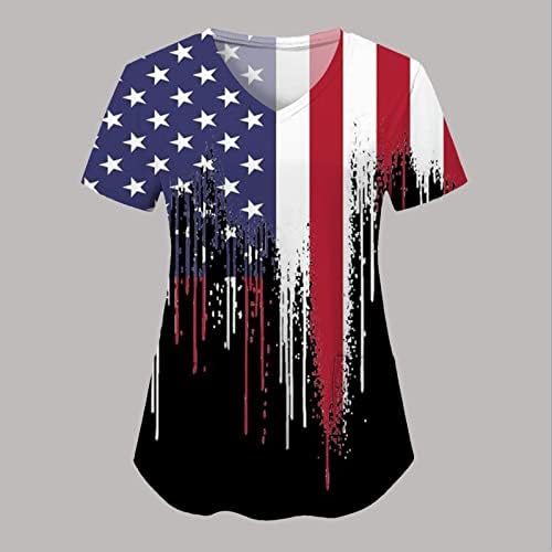 Bluza sa zastavom SAD-a za žene 4. srpnja ljetna majica kratkih rukava s izrezom u obliku slova u, bluza s 2 džepa, Gornji