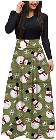 Ženske xmas snježne pahuljice print maxi haljina casual creveck tunika haljina božićna dugih rukava visoki struk duge festivalske