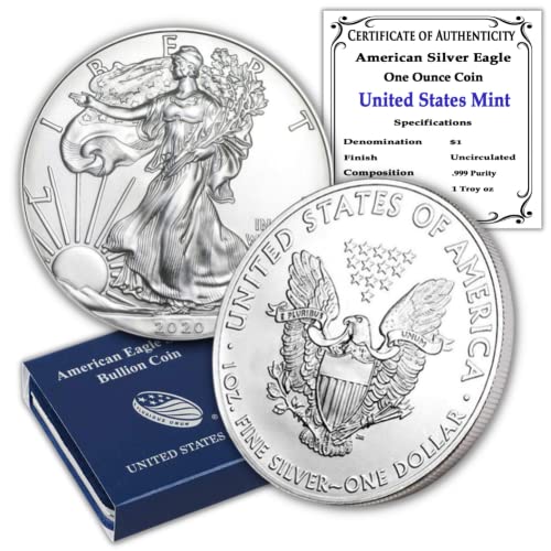 2020. 1 oz American Silver Eagle Coin Brilliant necirkuliran s originalnim kutijama za kovnice u Sjedinjenim Državama i certifikatom