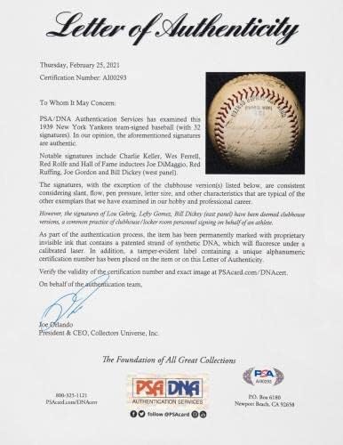 1939. New York Yankees World Series Champs tim potpisao bejzbol PSA DNA CoA - Autografirani bejzbol