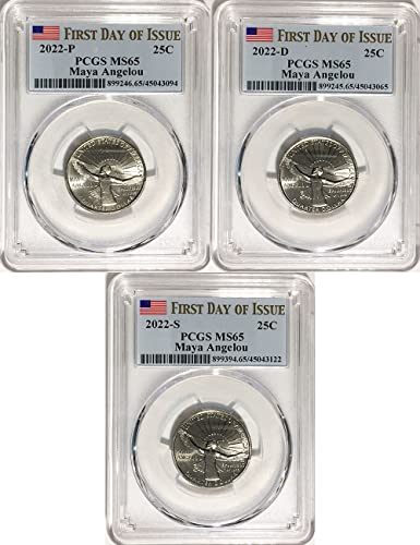 2022. P, D, S American Women Quarters Maya Angelou Quarter MS 65 Prvi dan izdavanja naljepnice PCGS 3 Coin Set