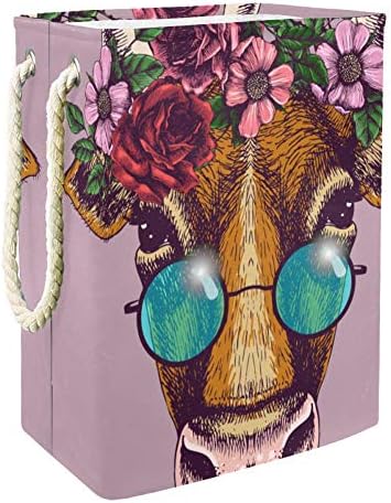 Košarica za rublje modni portret krave s cvjetnim vijencem i okruglim sunčanim naočalama visoka sklopiva kanta za rublje