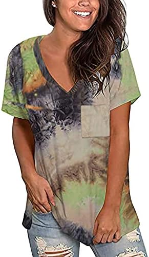 FMCHICO Ženski kratki rukavi s V-izrezom labave ležerne majice Ljetni vrhovi