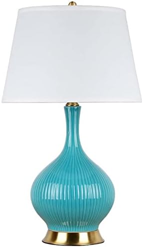 Puresilks moderna ručno izrađena keramička stolna svjetiljka, minimalistička plava stolna svjetiljka s hladom od bijele tkanine,