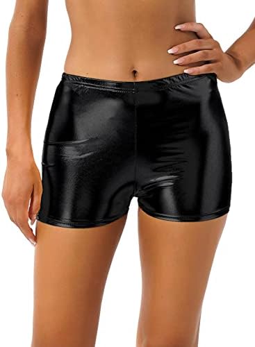 Jeeyjoo Žene Sjajne metalne vruće hlače srednji struk, elastični pojas Rave Party Dance Party kratke hlače crne veličine