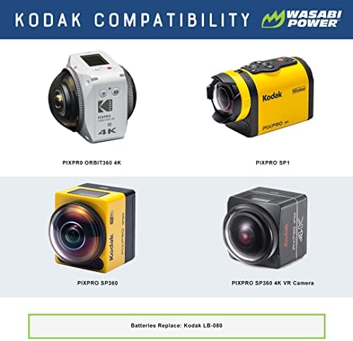 Wasabi napajanja i USB dvostruki punjač za Kodak LB-080 i Kodak Pixpr0 Orbit360 4K, Pixpro SP1, Pixpro SP360, Pixpro SP360