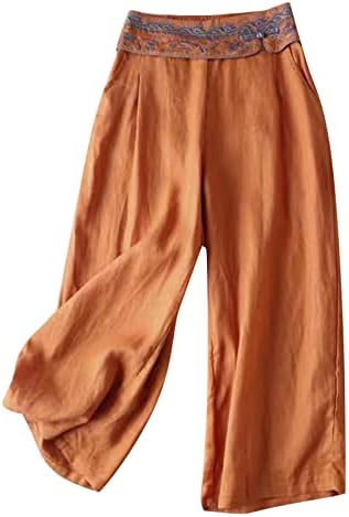 Ženske pamučne lanene hlače ljetne elastične hlače struka Retro ravne trenirke s džepovima širokim nogama