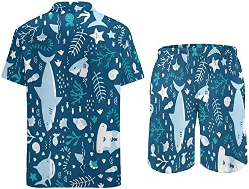 Slatki morski psi i kitovi muškarci 2 komada Havajski set majice s kratkim rukavima na plažljivim hlačama labave fit majice